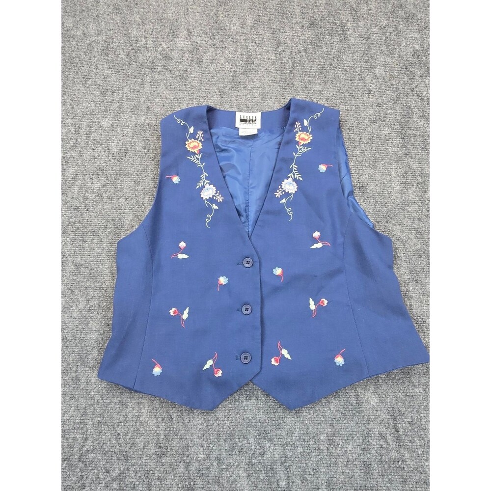 Vintage Leslie Fay Womens Petite M Embroidered Floral Vest Blue 90s Button Front